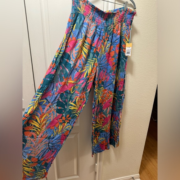 NWT Colorful Beach Coverup Pants Smocked Waistband Wide Leg with Side Slits - Picture 3 of 5